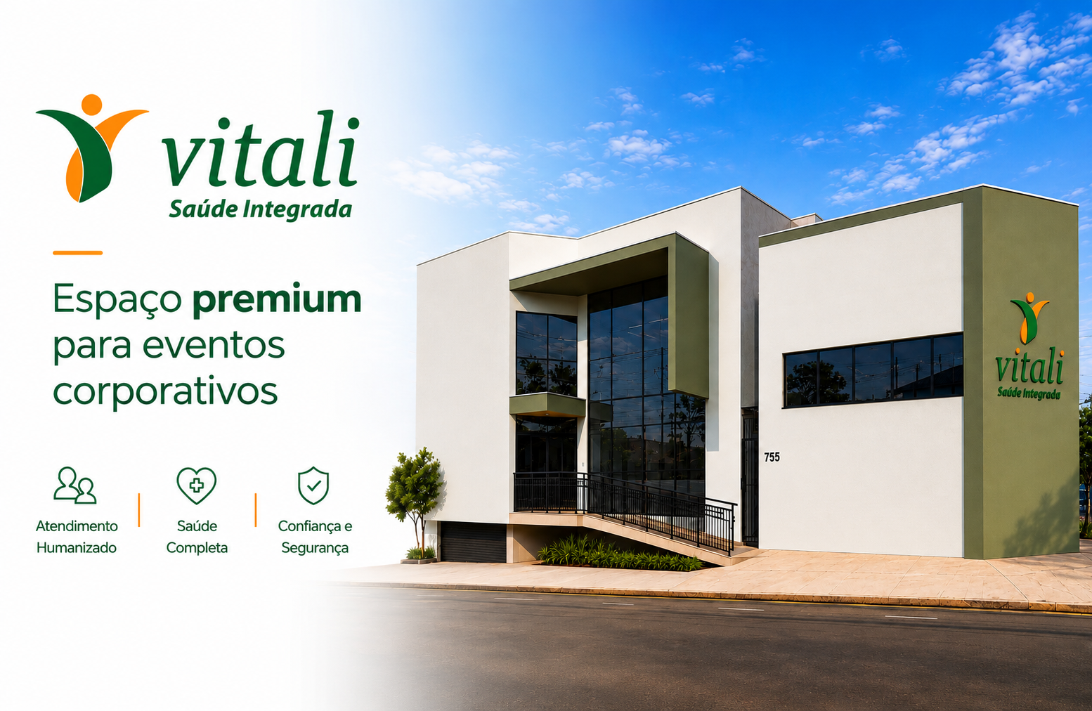 Banner da Vitali Saúde Integrada com fachada e texto Espaço premium para eventos corporativos